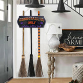 Broom Parking Sign with 3 Wooden Witches’ Brooms – Halloween Porch Decor